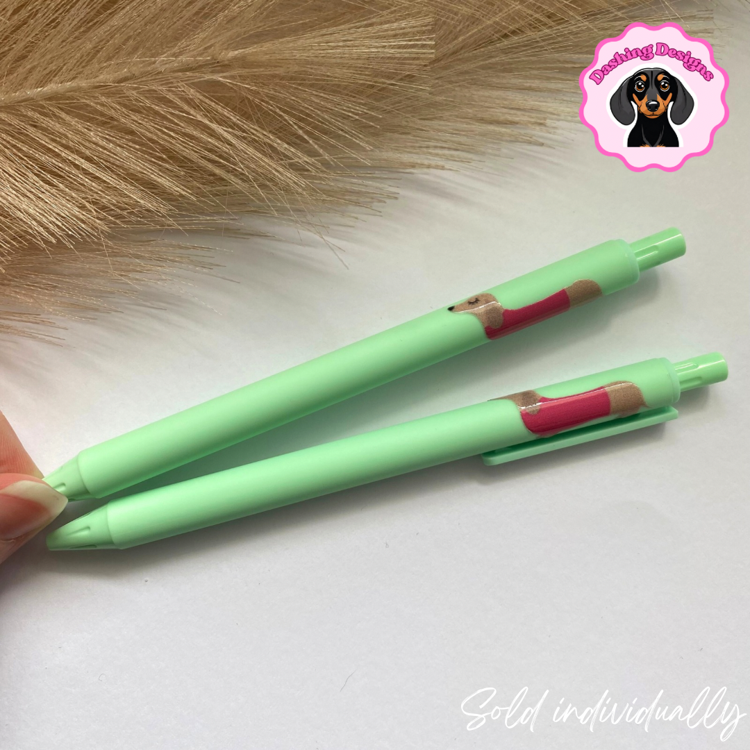 Green Dachshund Coloured Gel Pen - Cream & Pink Dashie